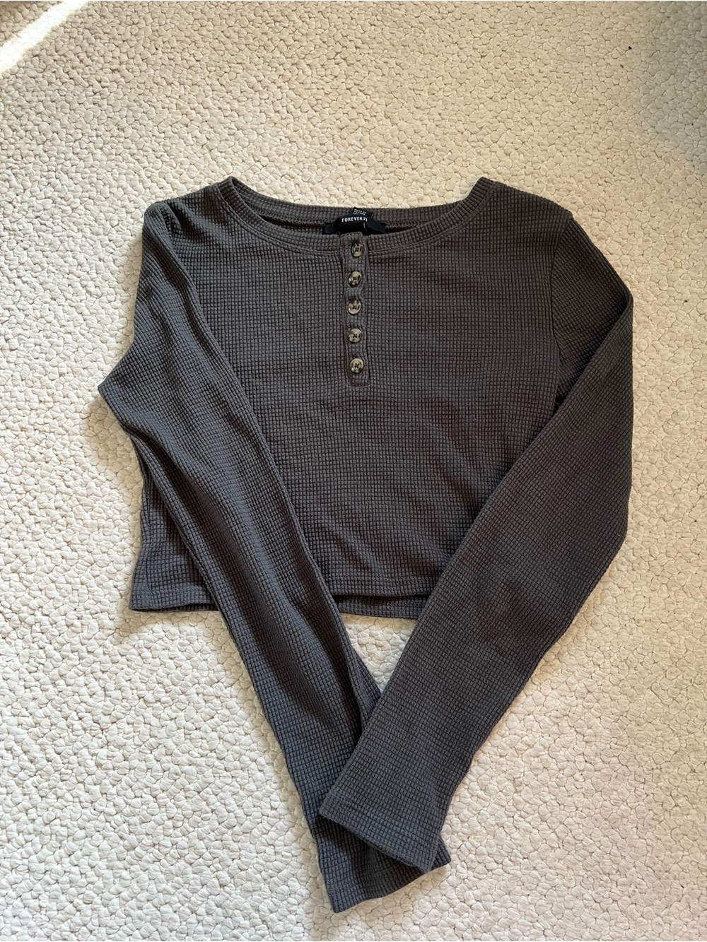 Forever 21 Charcoal Waffle Henley Long Sleeve Top
